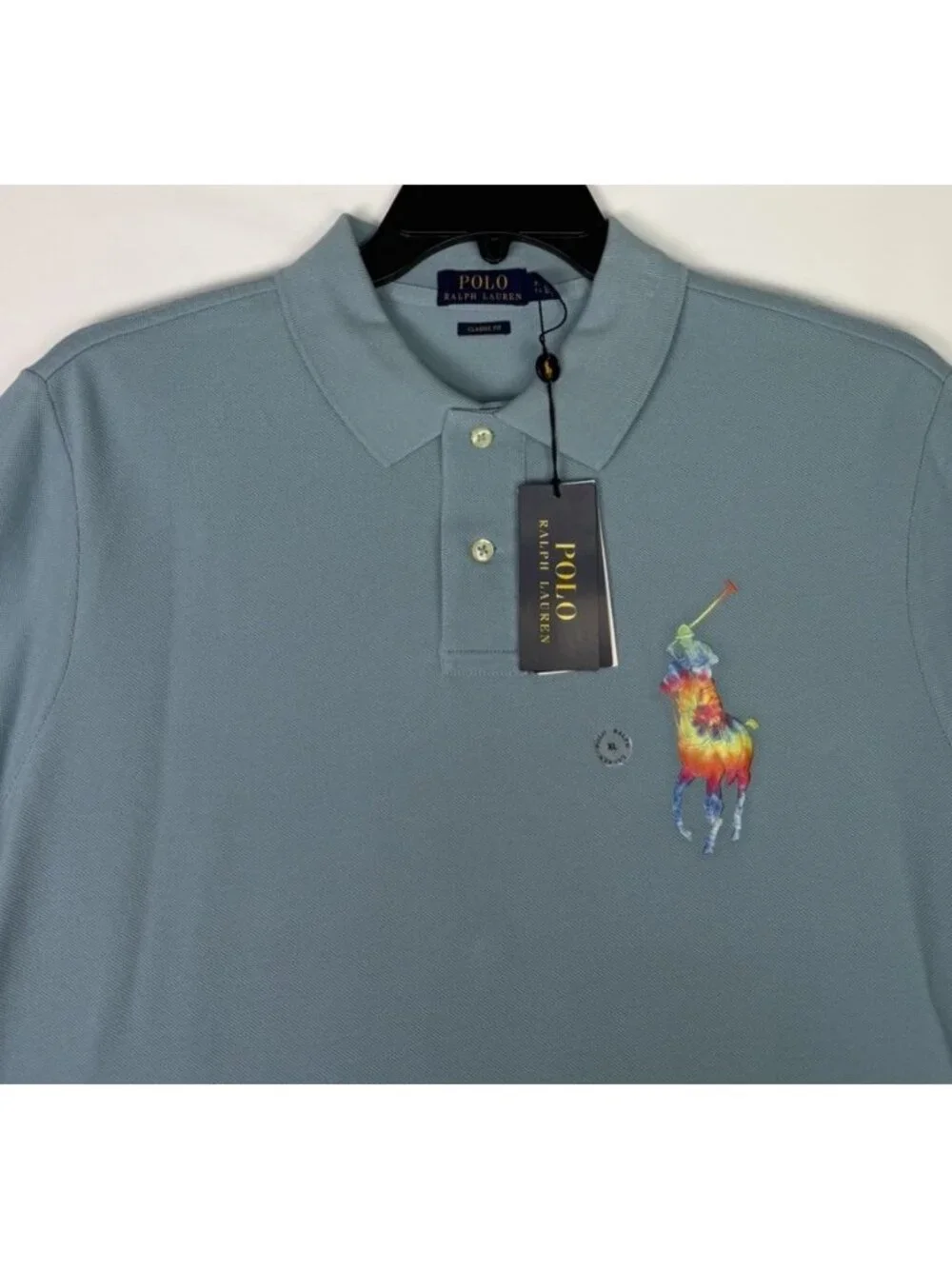 Polo Ralph Lauren Shirt Mens XL Classic Fit Light Blue Big Pony Rainbow Tie Dye